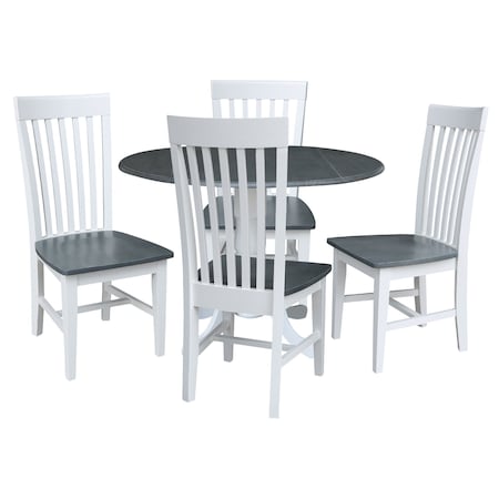 International Concepts Round 42 in. Dual Drop Leaf Dining Table with 4 Slat Back Chairs - 5 Piece Dining Set, 42 in W K05-42DP-C465-4